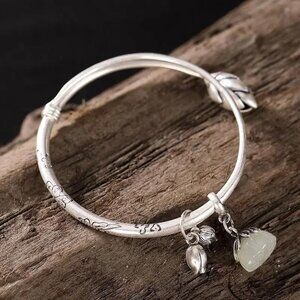 New Adjustable Silver Plated Stone Inlaid Lotus Blossom Charms Bangle Gift Box